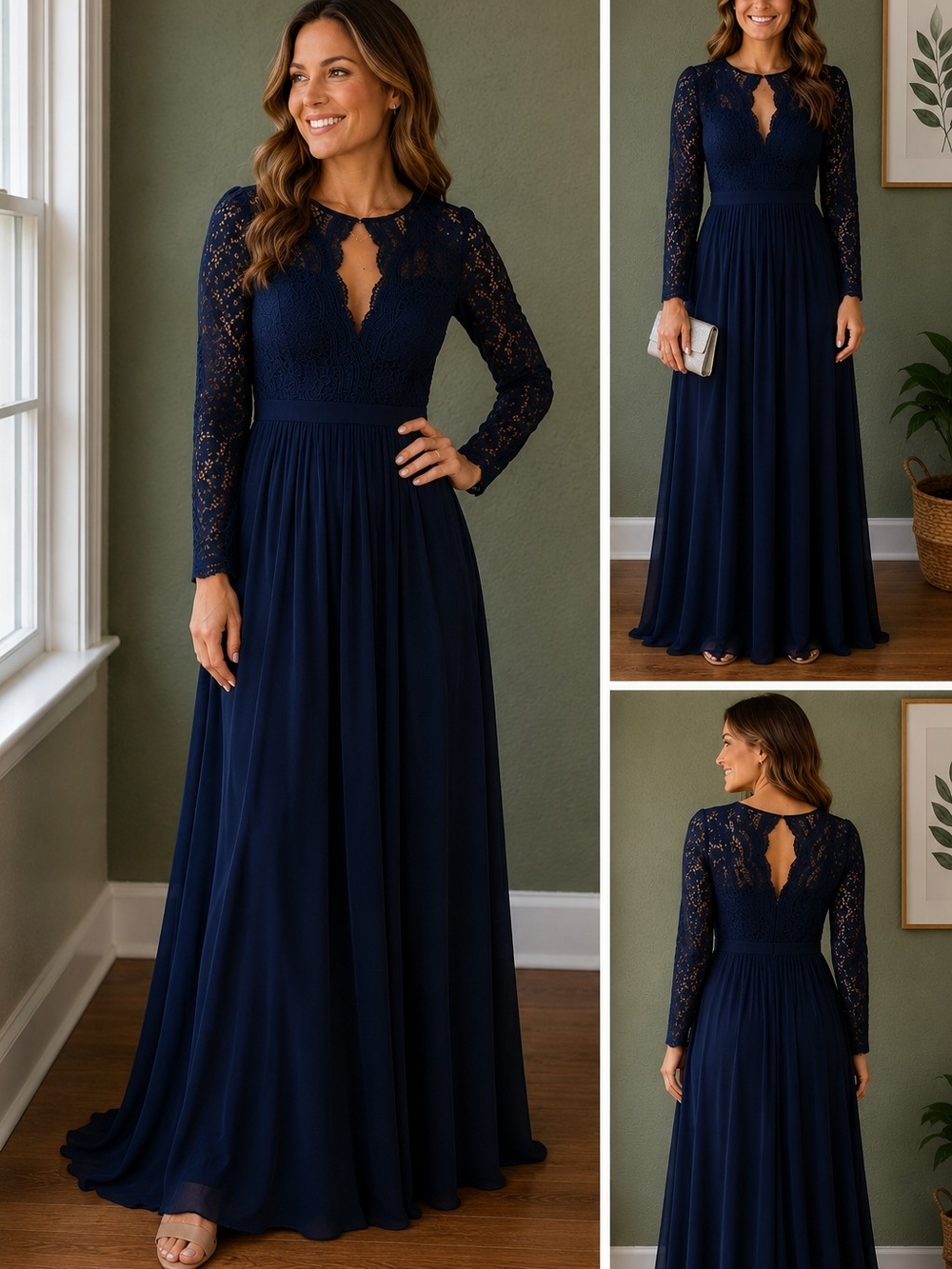Elegant Navy Lace Long-Sleeve Maxi Dress